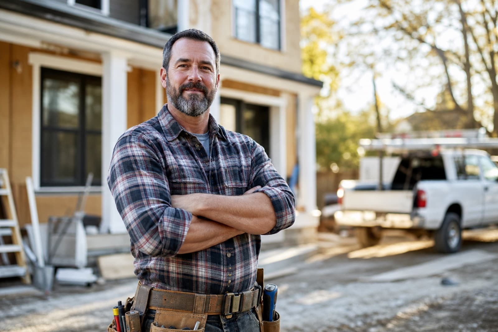General contractor standing confidently in front of a residential renovation project