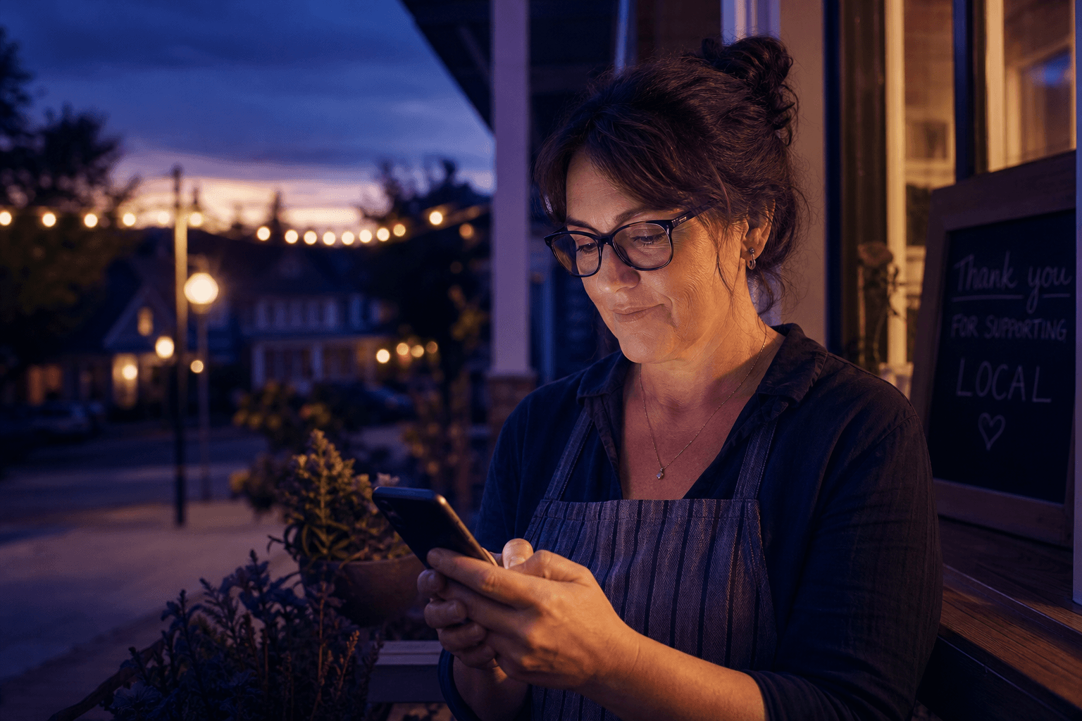 Small business owner checking engagement on local Facebook group posts from her phone
