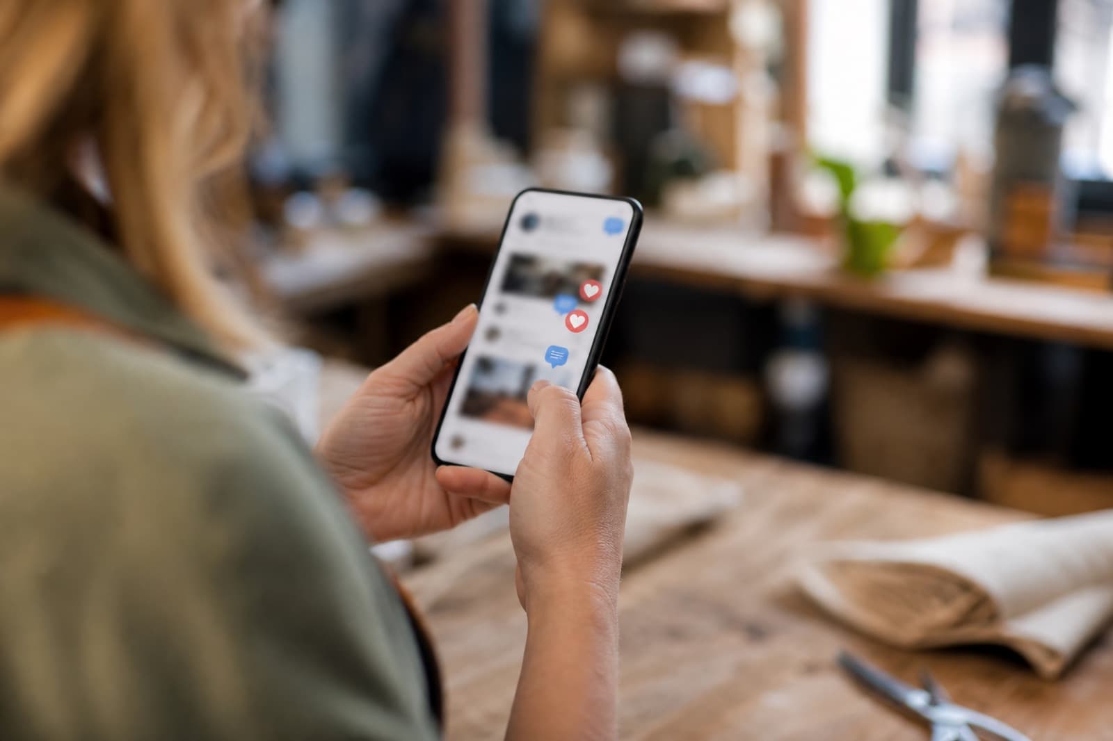 Small business owner checking engagement on local Facebook group posts from her phone