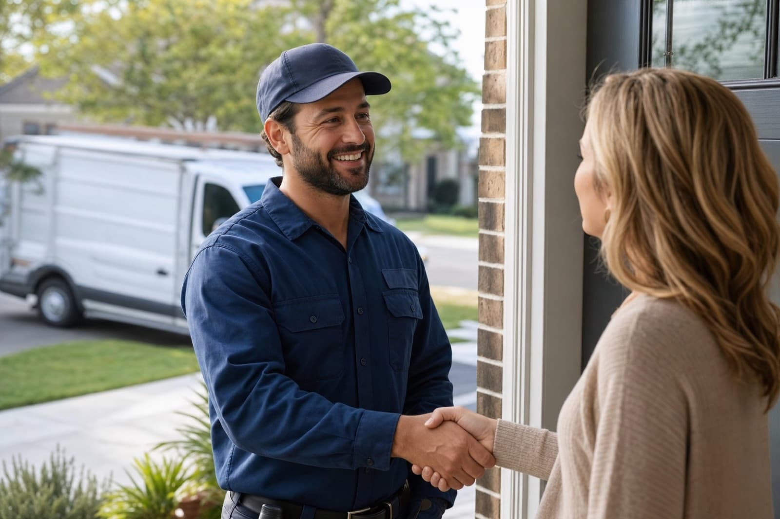 HVAC technician shaking hands with a homeowner at her front door