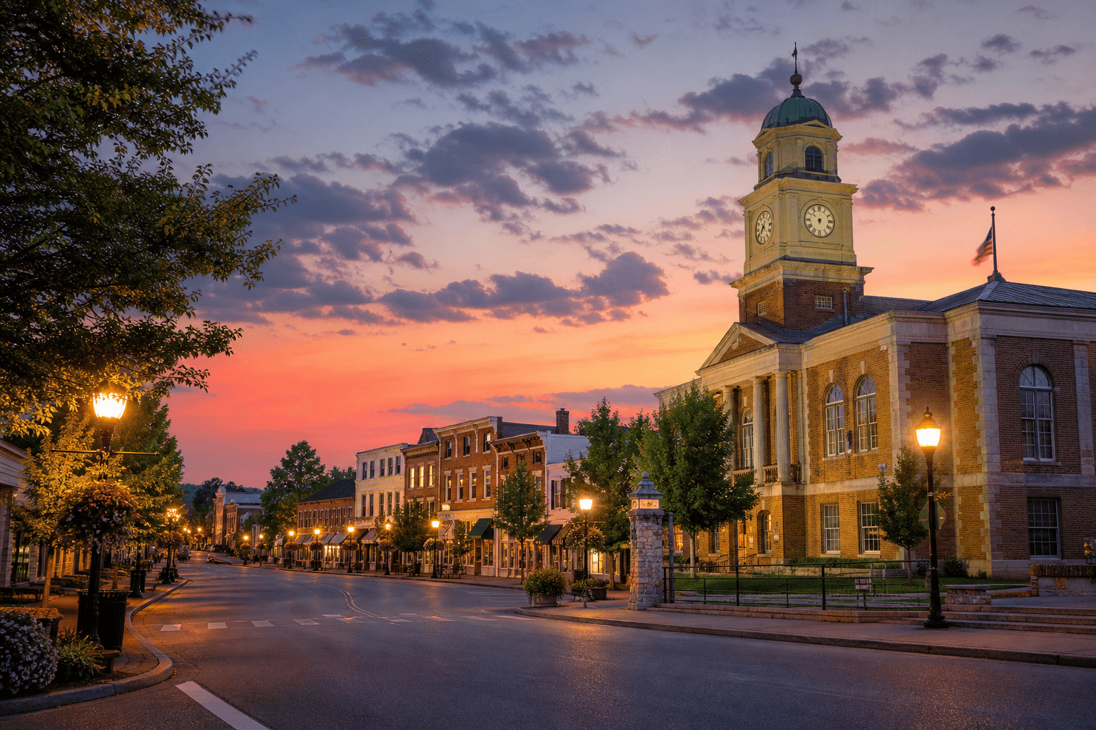 A busy local main street at golden hour, full of the small businesses that thrive on word of mouth