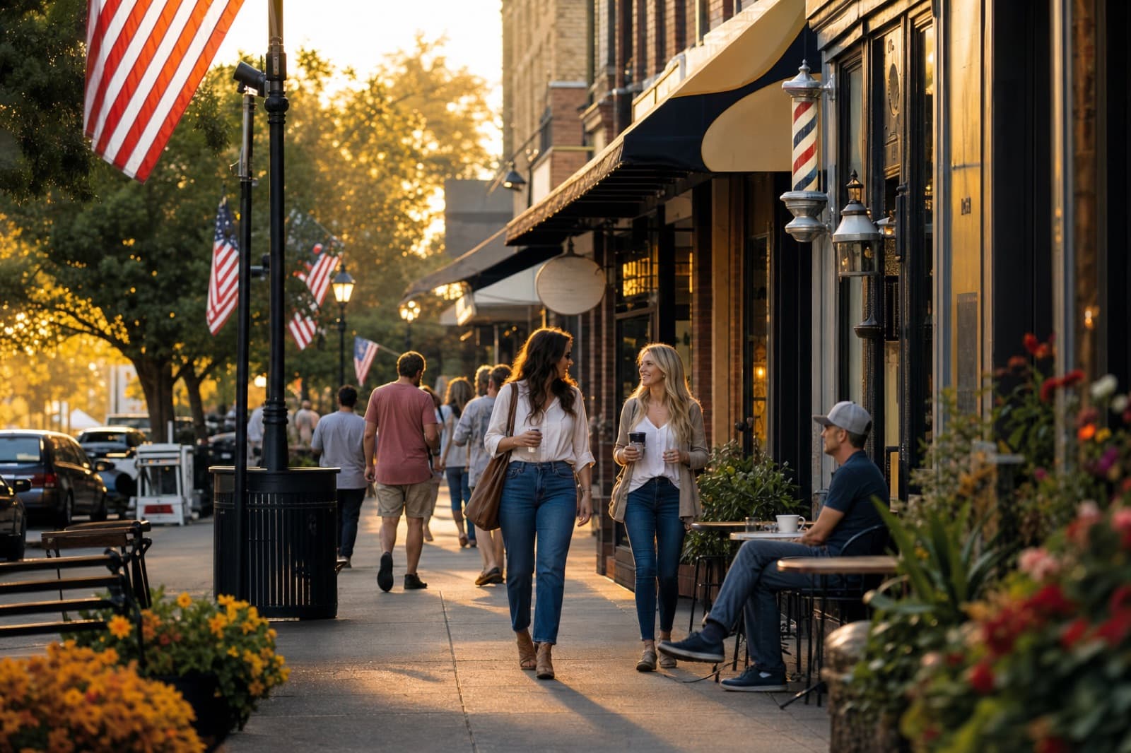 A busy local main street at golden hour, full of the small businesses that thrive on word of mouth