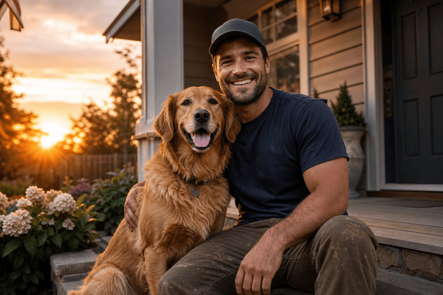Local business owner with their dog on a job site, the kind of personal photo that builds trust in town Facebook groups