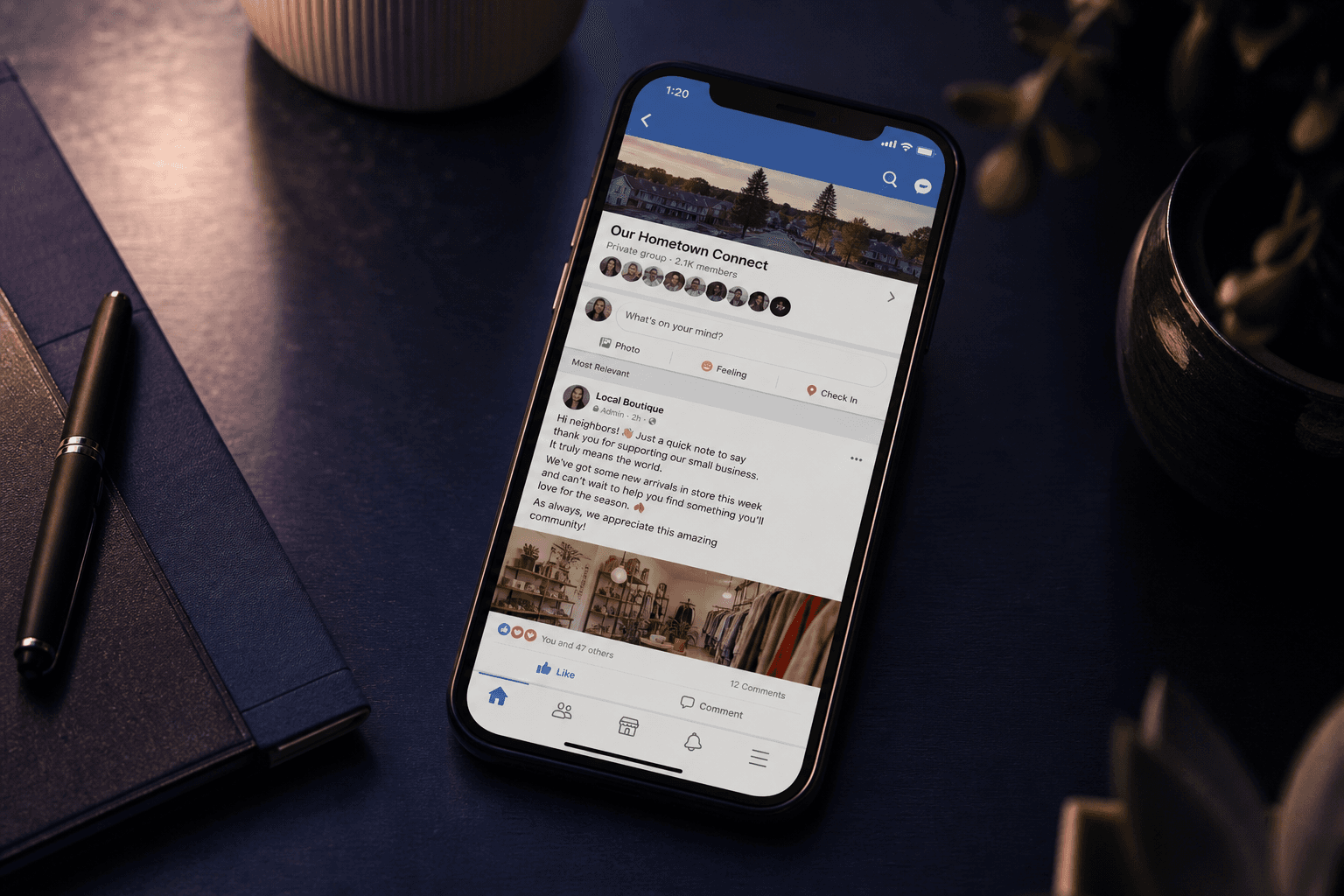 Phone showing a local Facebook group feed with story-style posts from a small business