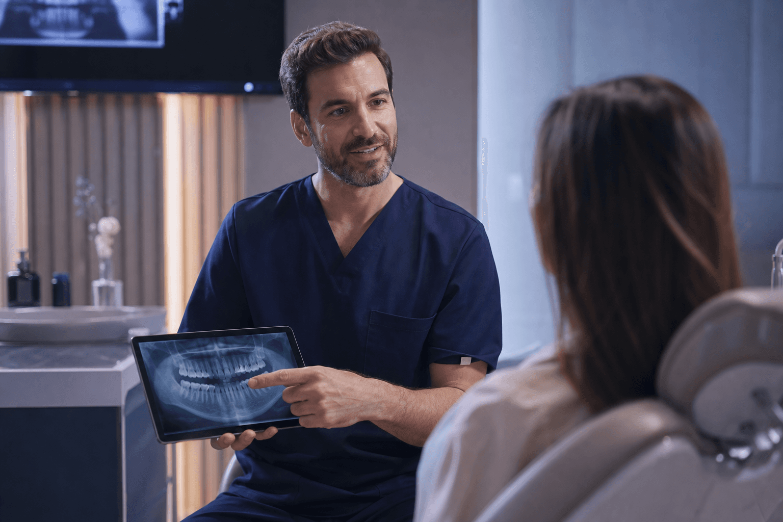 Dental professional speaking with a patient in a welcoming practice