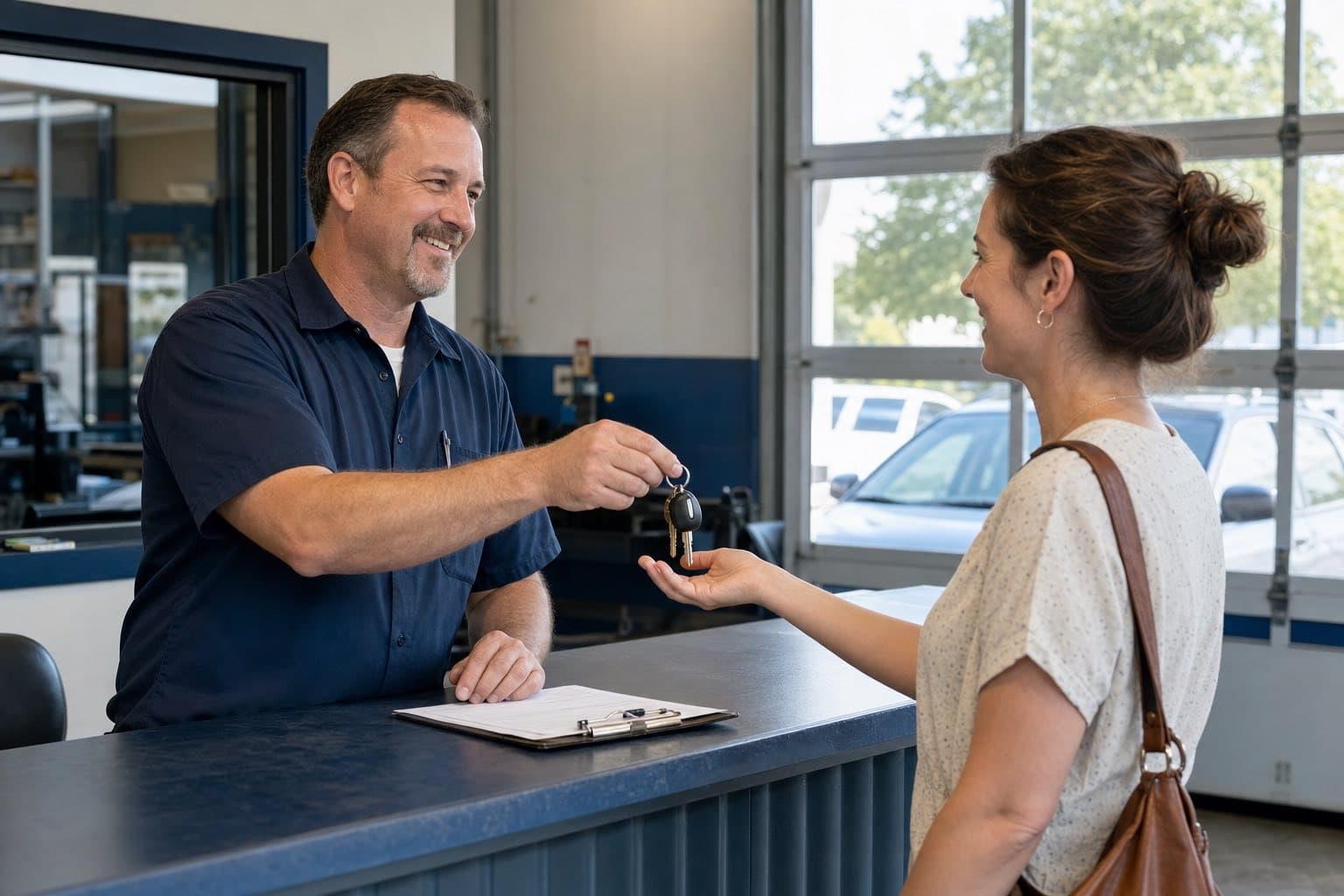 Mechanic handing keys back to a happy customer at the counter