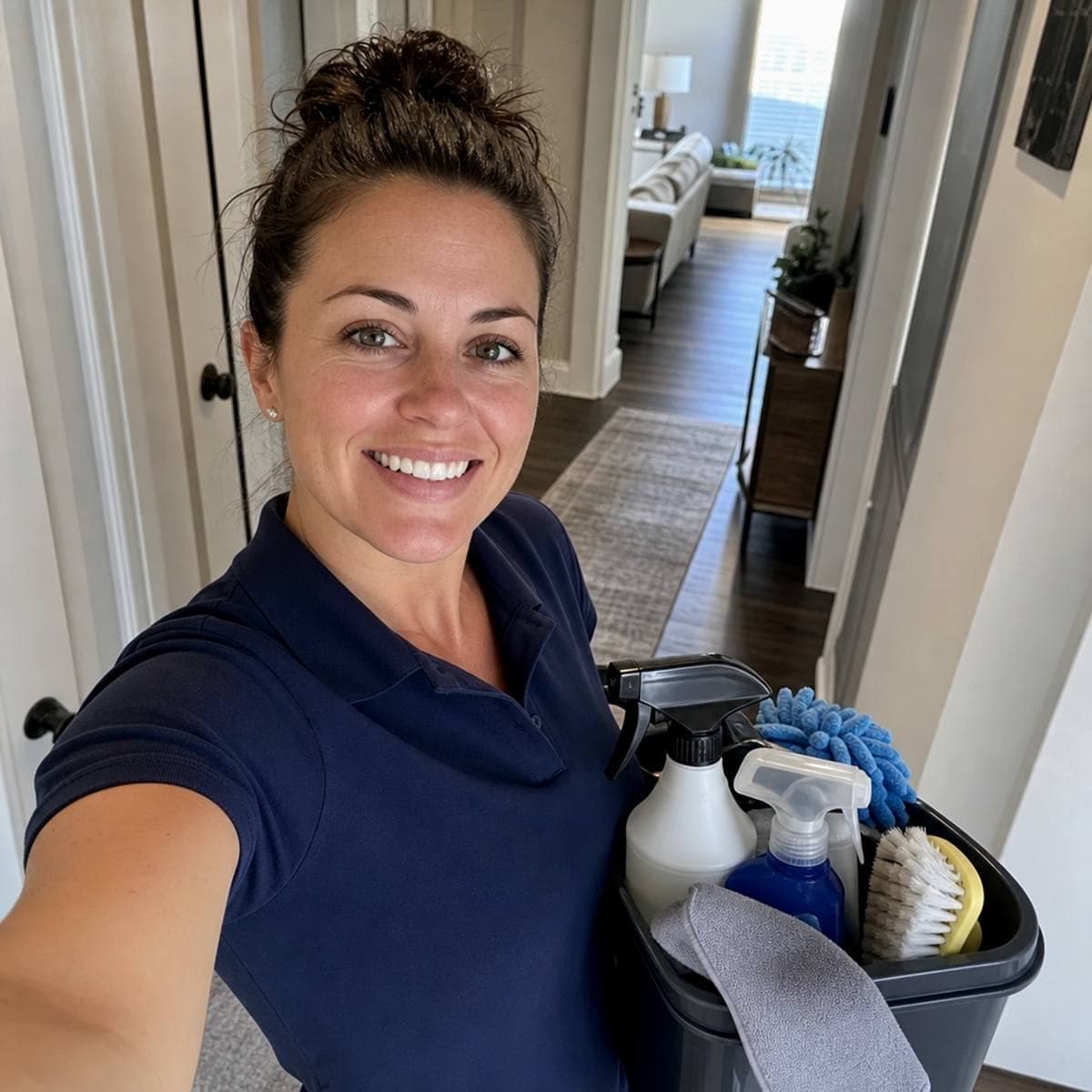 Homeowner welcoming her trusted house cleaner at the front door