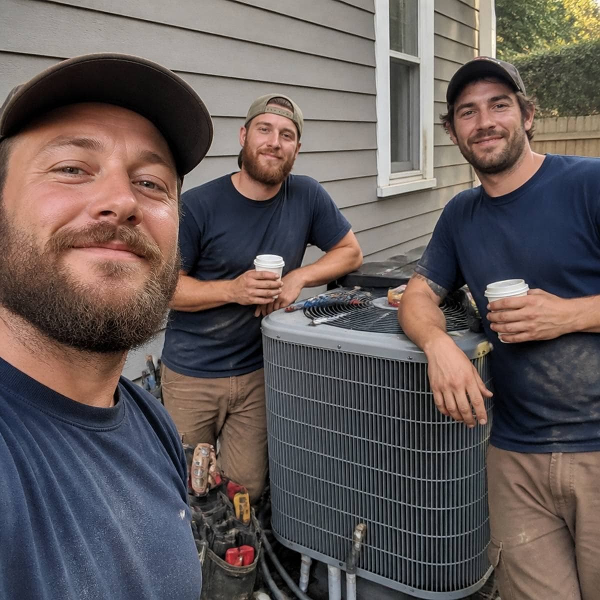 HVAC crew standing in front of their service van