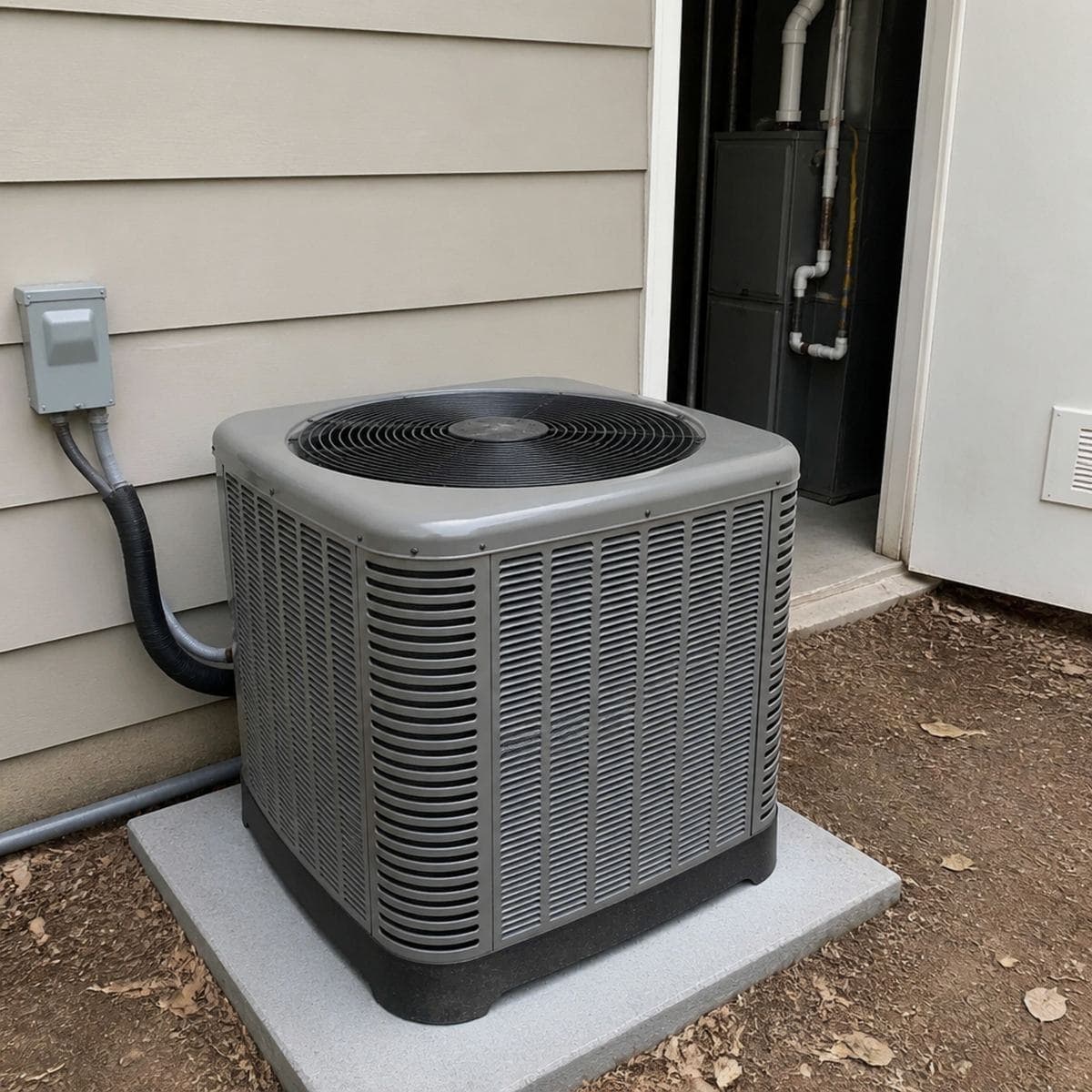 HVAC technician talking with a homeowner next to an outdoor AC unit on a residential job