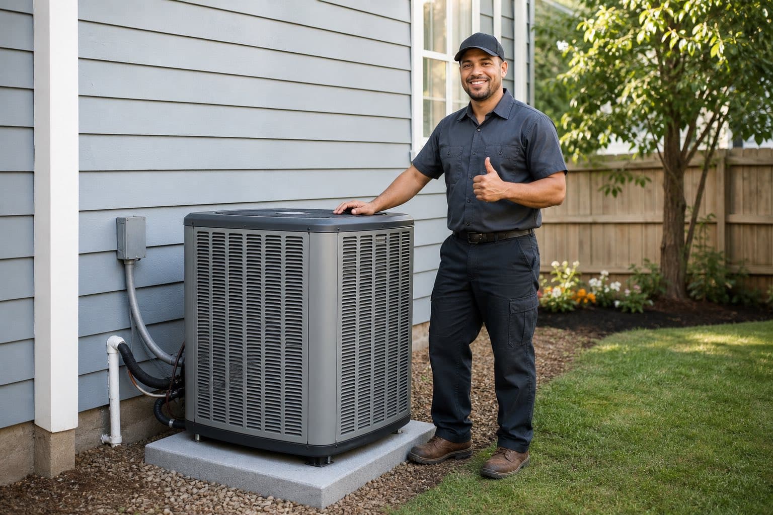 HVAC technician beside a newly installed outdoor condenser unit