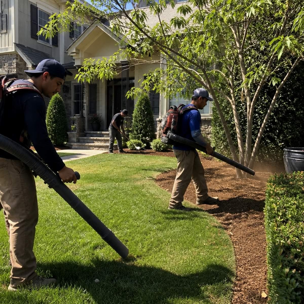 Landscaping crew striping a lush suburban lawn at golden hour