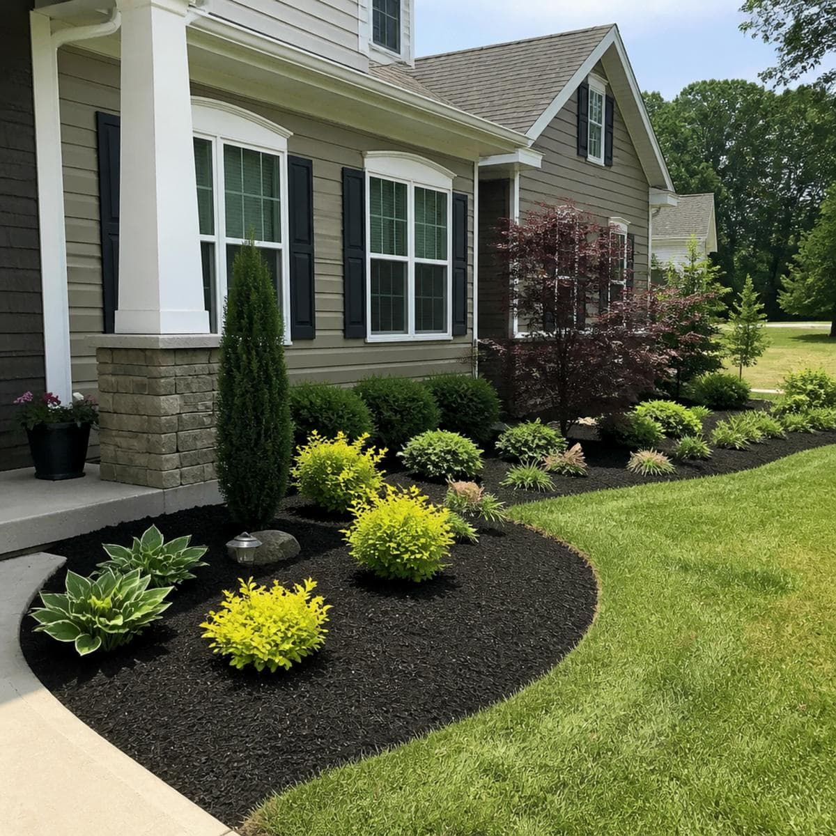 Landscaping crew finishing a residential front-yard makeover with fresh mulch and plantings