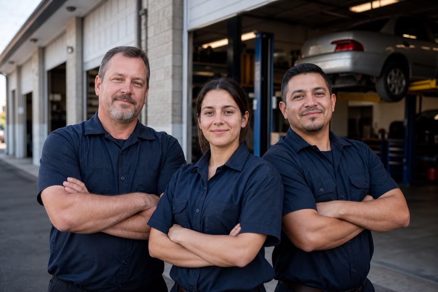 Auto shop team standing in front of their garage bays