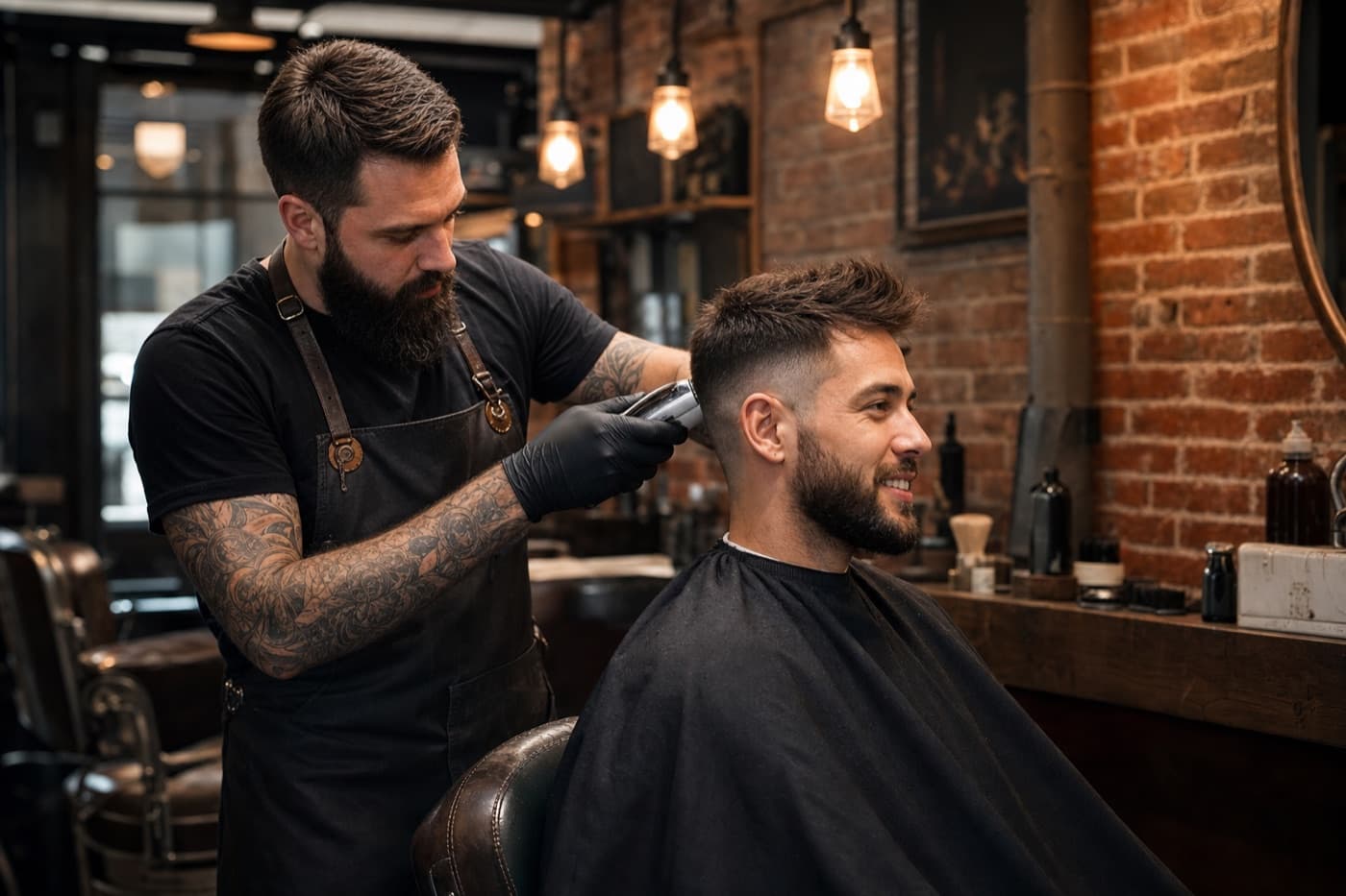 Barber at work in a stylish neighborhood barbershop