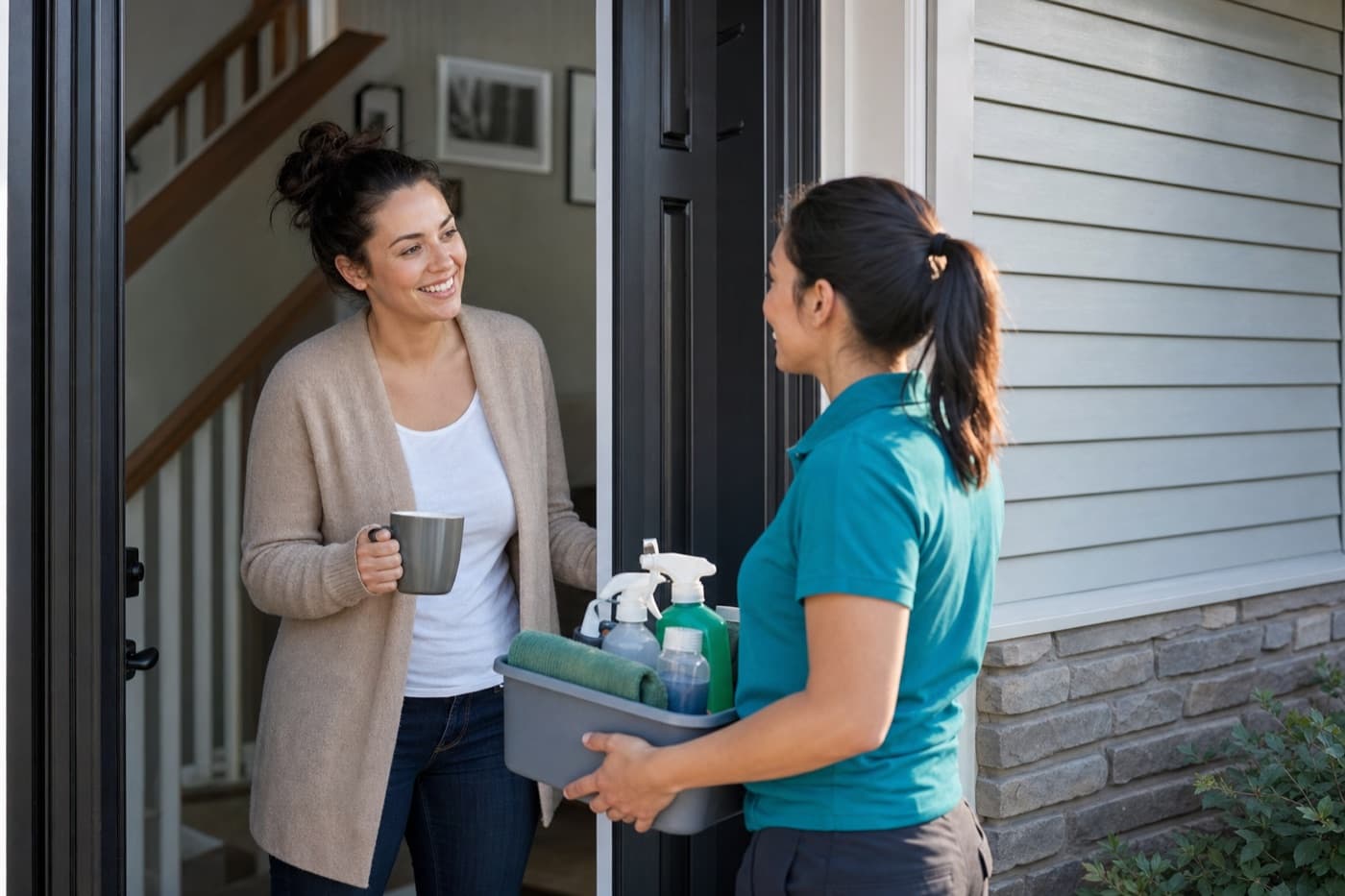 Homeowner welcoming her trusted house cleaner at the front door