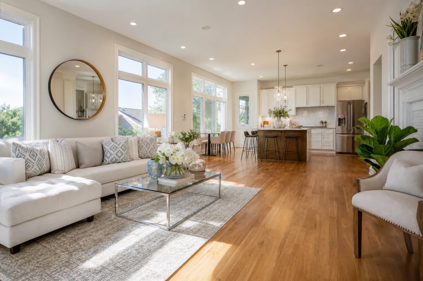 Sparkling clean living room and kitchen after a professional deep clean