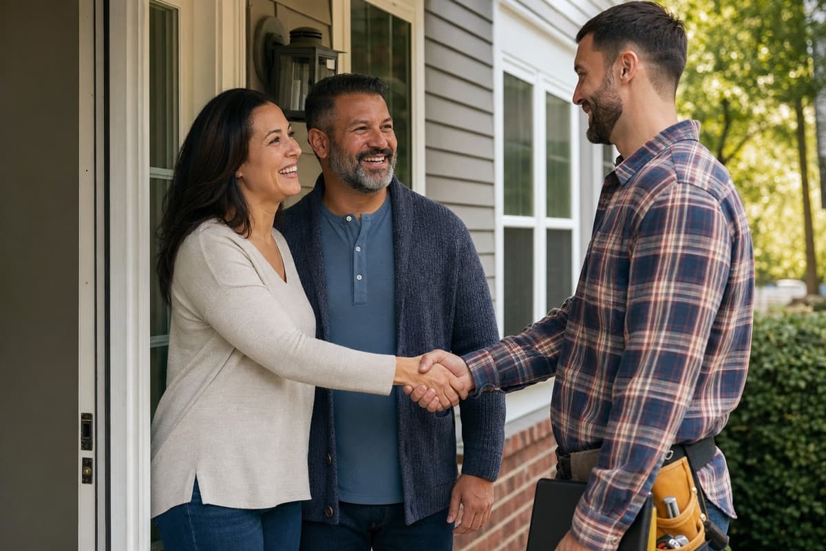 Contractor shaking hands with homeowners on their porch