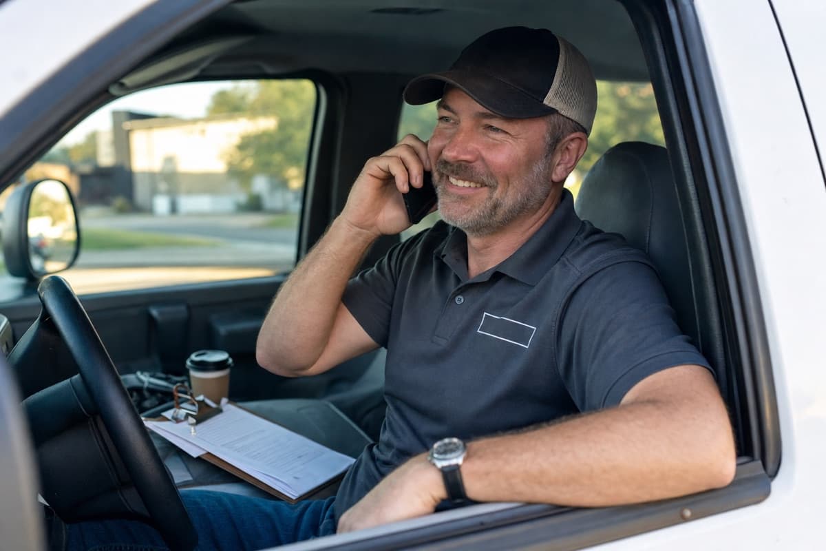 Contractor answering a lead call in his work truck