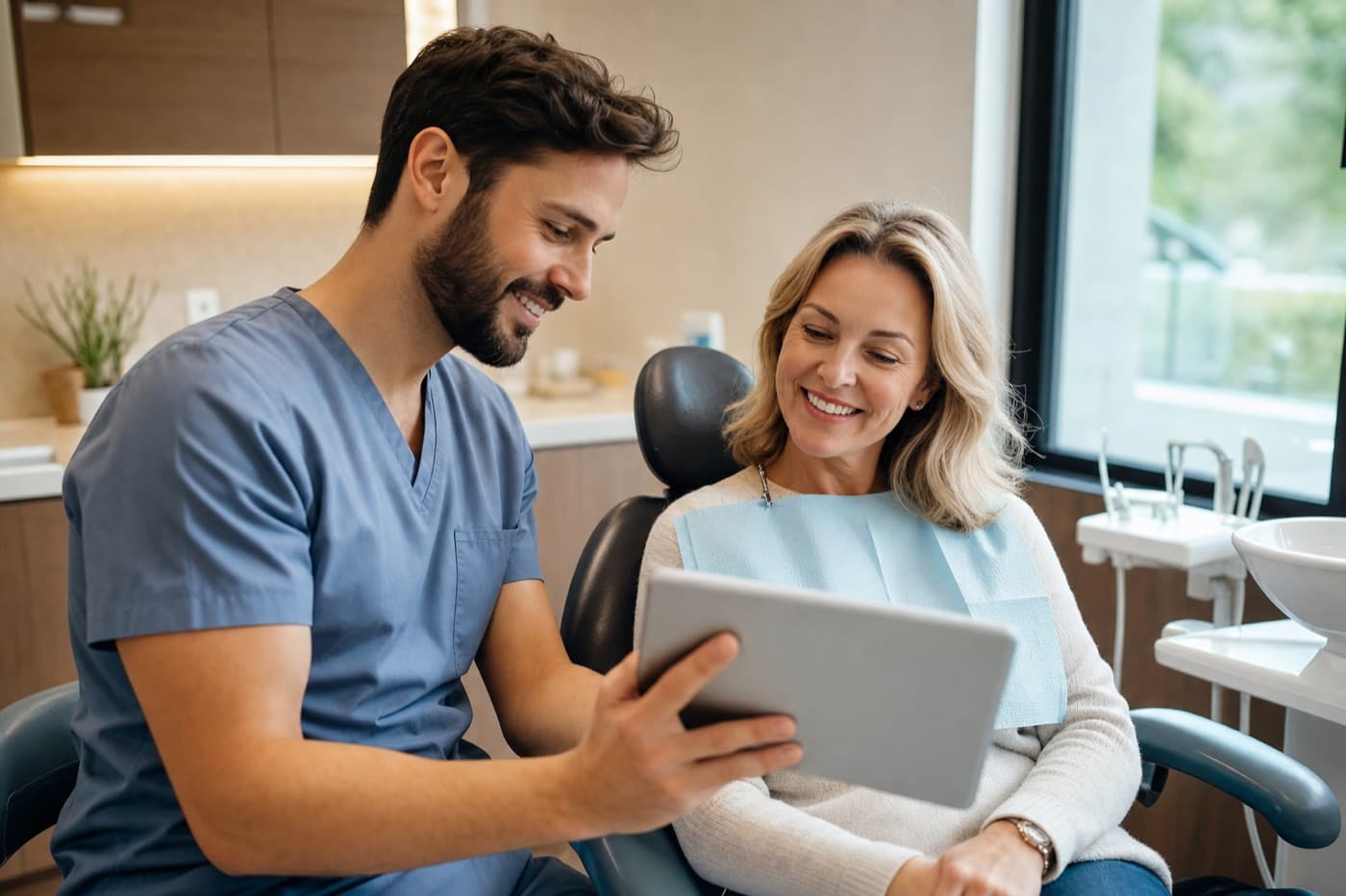 Dentist walking a smiling patient through her treatment plan on a tablet