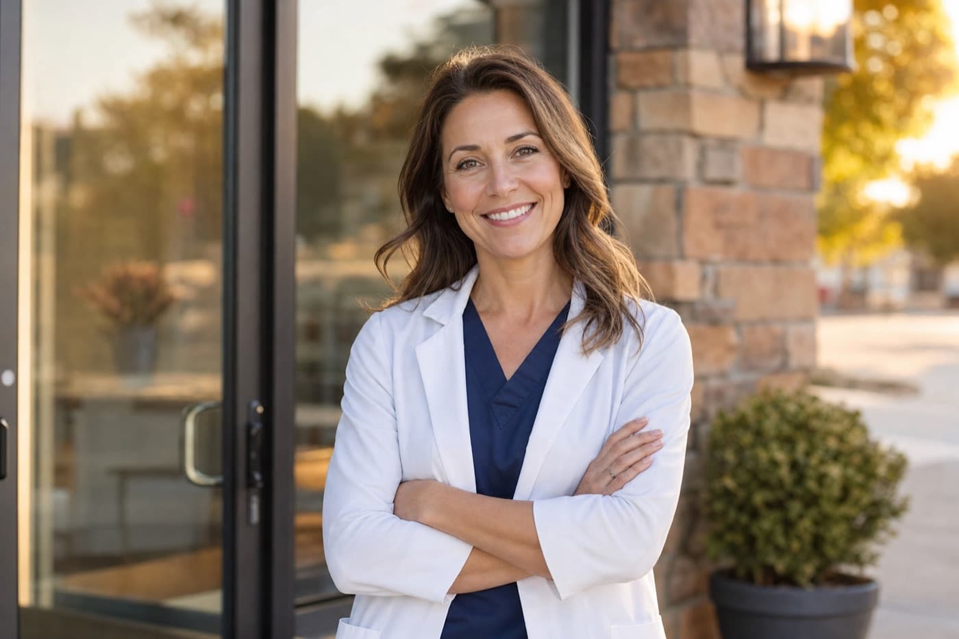 Friendly dentist standing outside her local practice