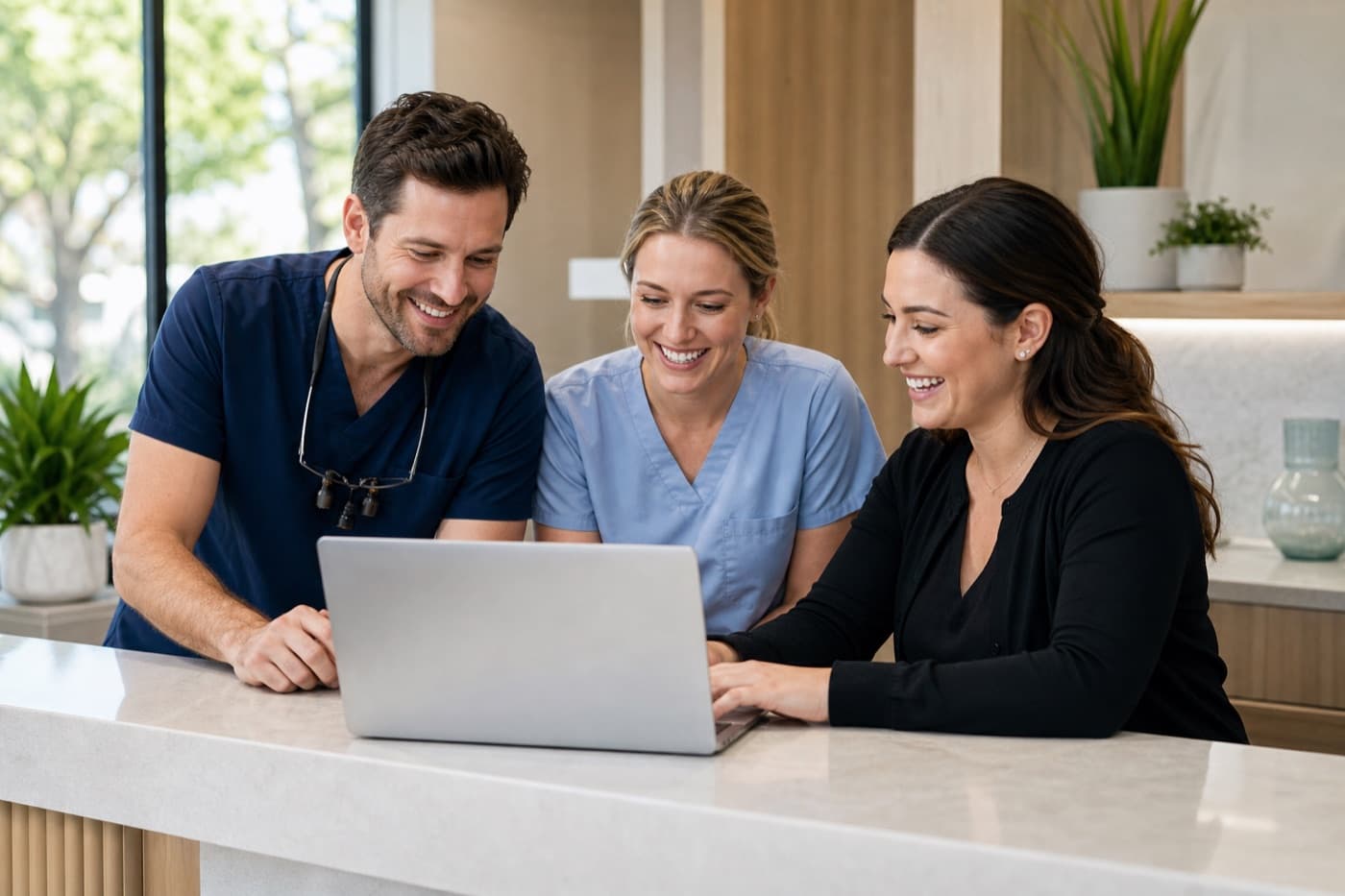 Dental office team reviewing a new-patient inquiry together