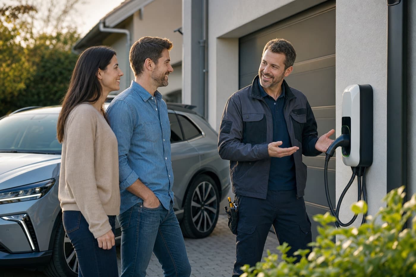 Electrician walking homeowners through their new EV charger install