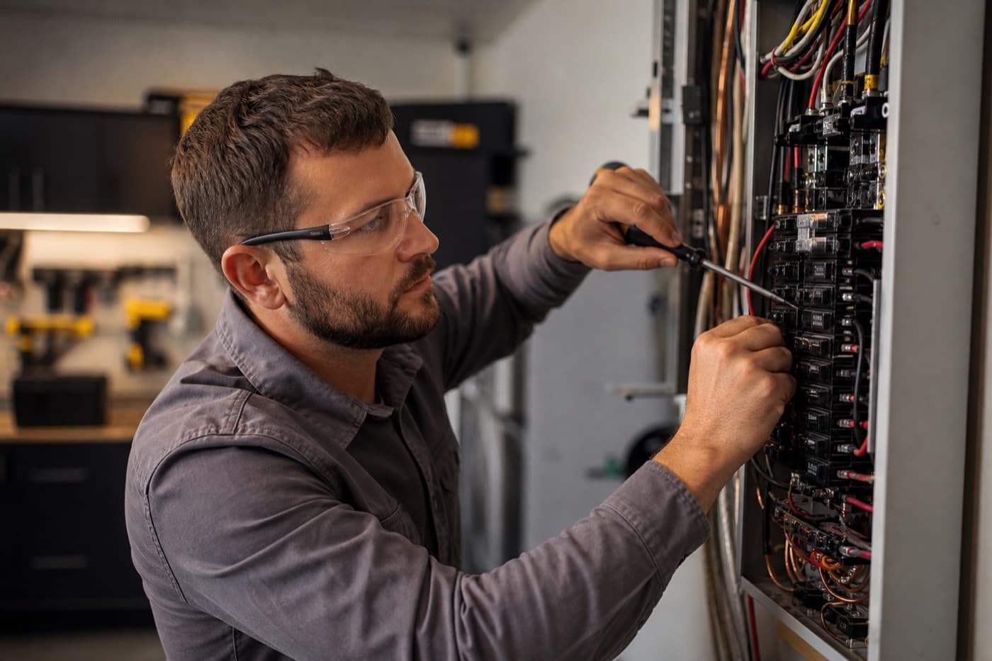 Electrician installing a modern electrical panel with neat wiring