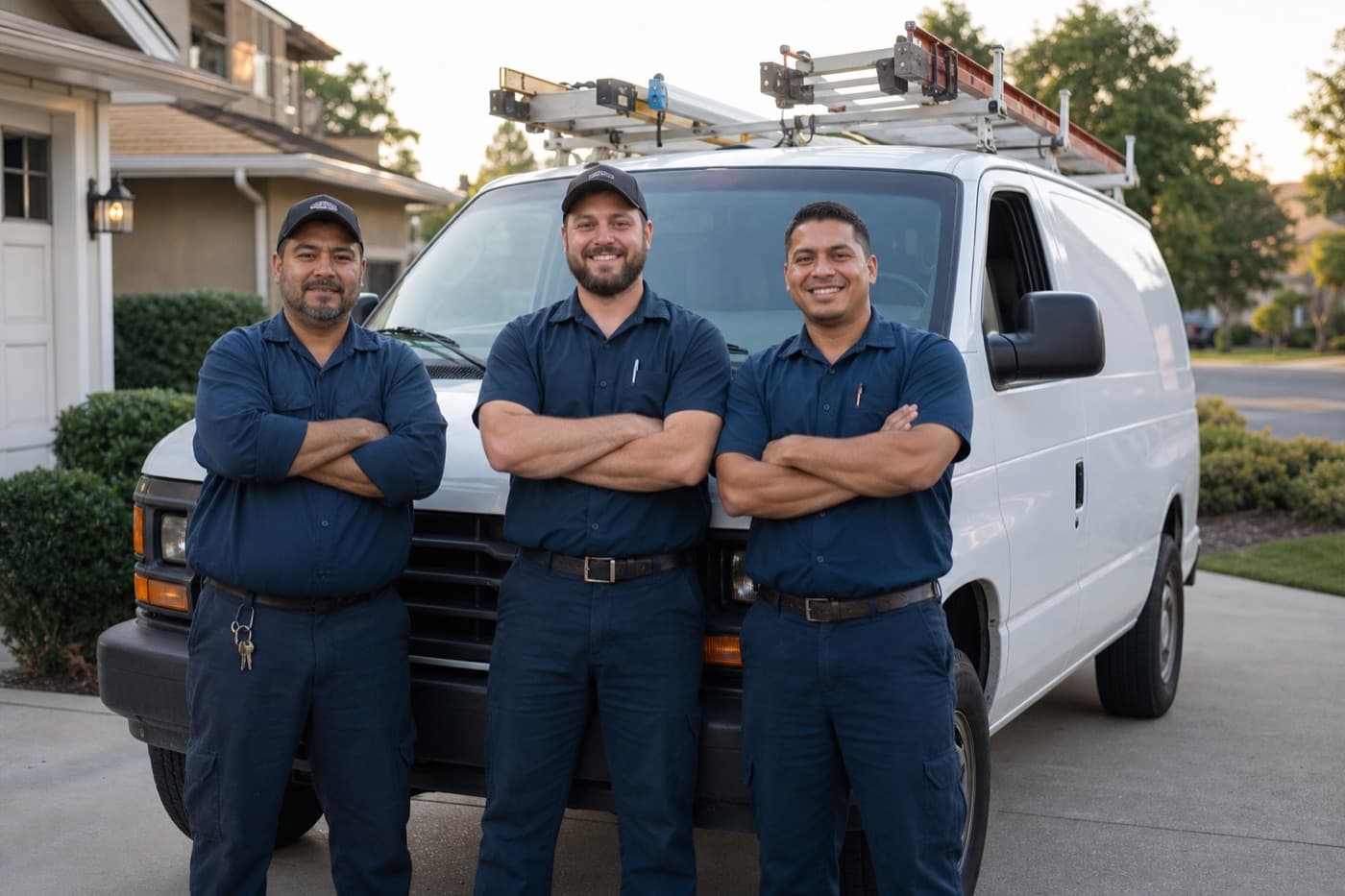 HVAC crew standing in front of their service van