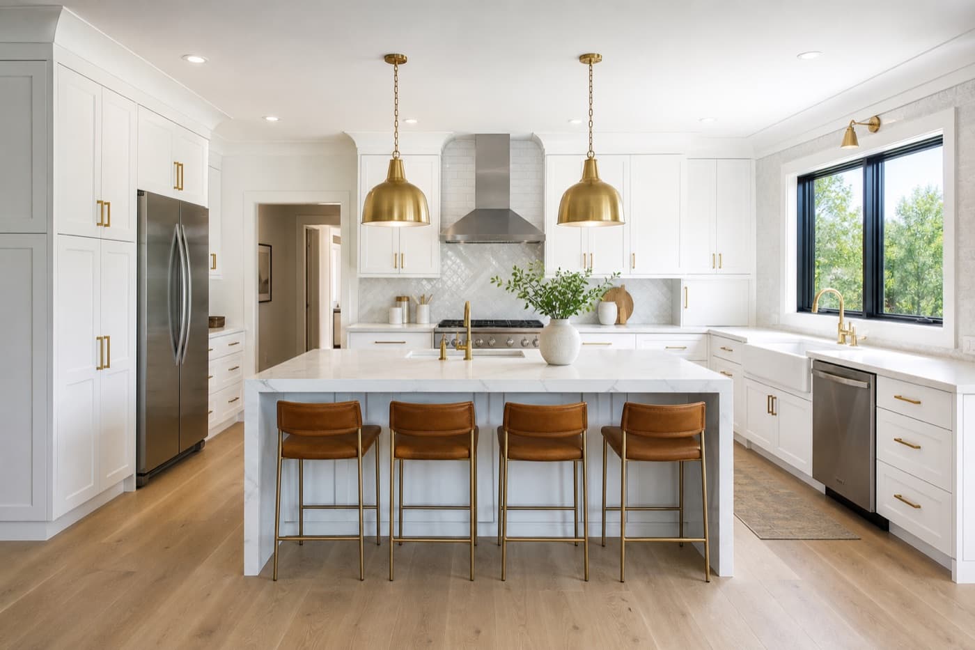Newly remodeled white kitchen with waterfall quartz island