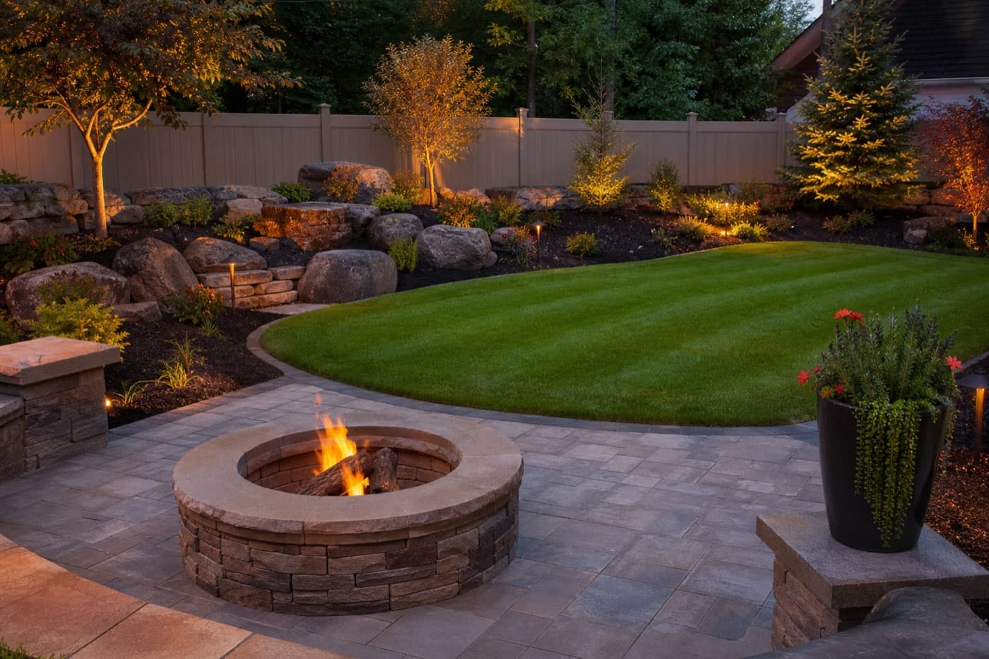 Finished backyard transformation with paver patio, fire pit, and warm landscape lighting