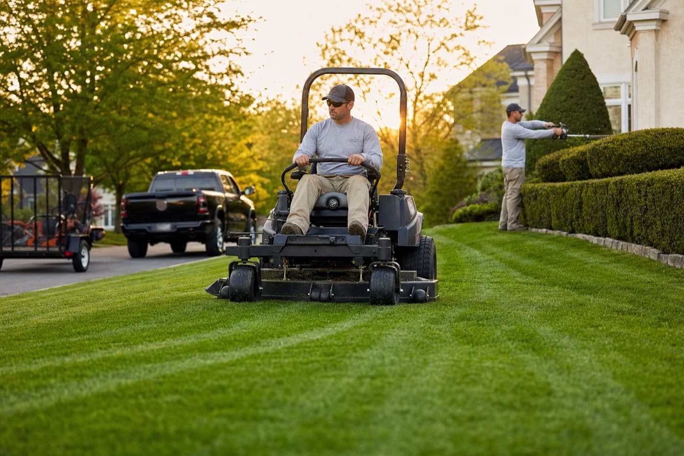 Landscaping crew striping a lush suburban lawn at golden hour