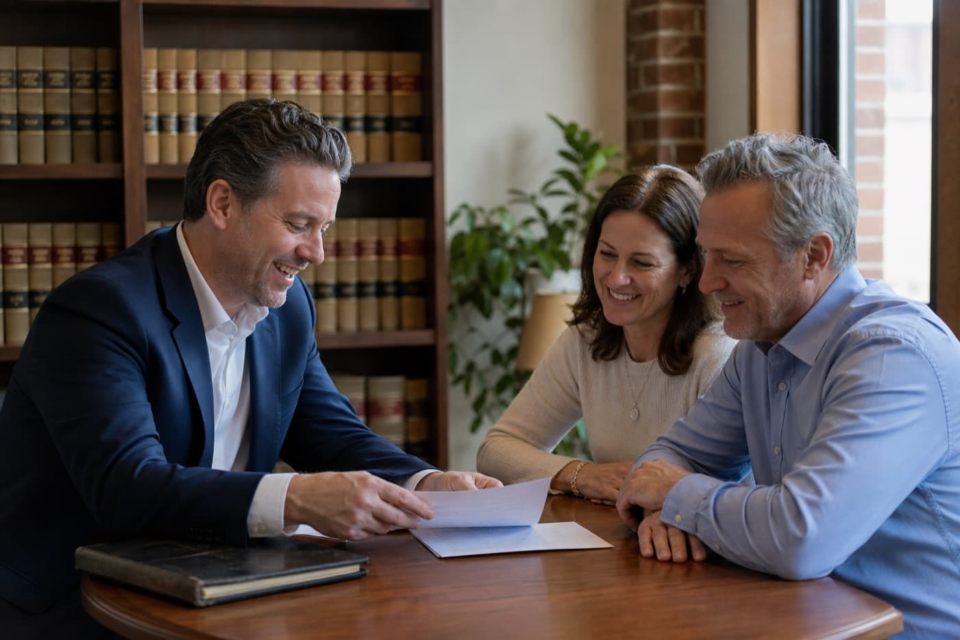 Attorney reassuring clients across a conference table