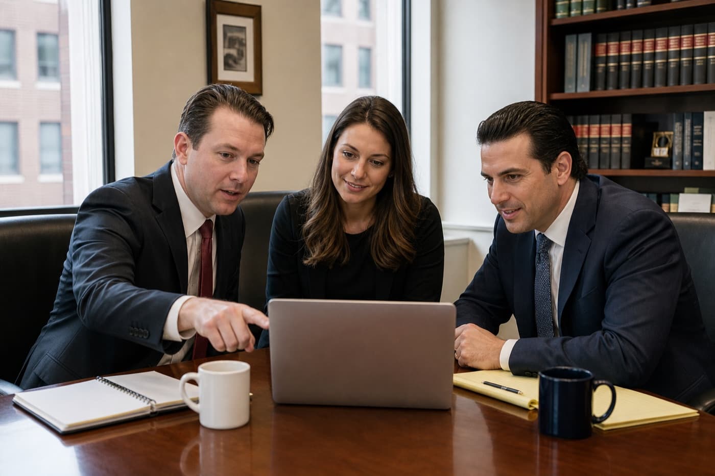 Small law firm team reviewing an inquiry together