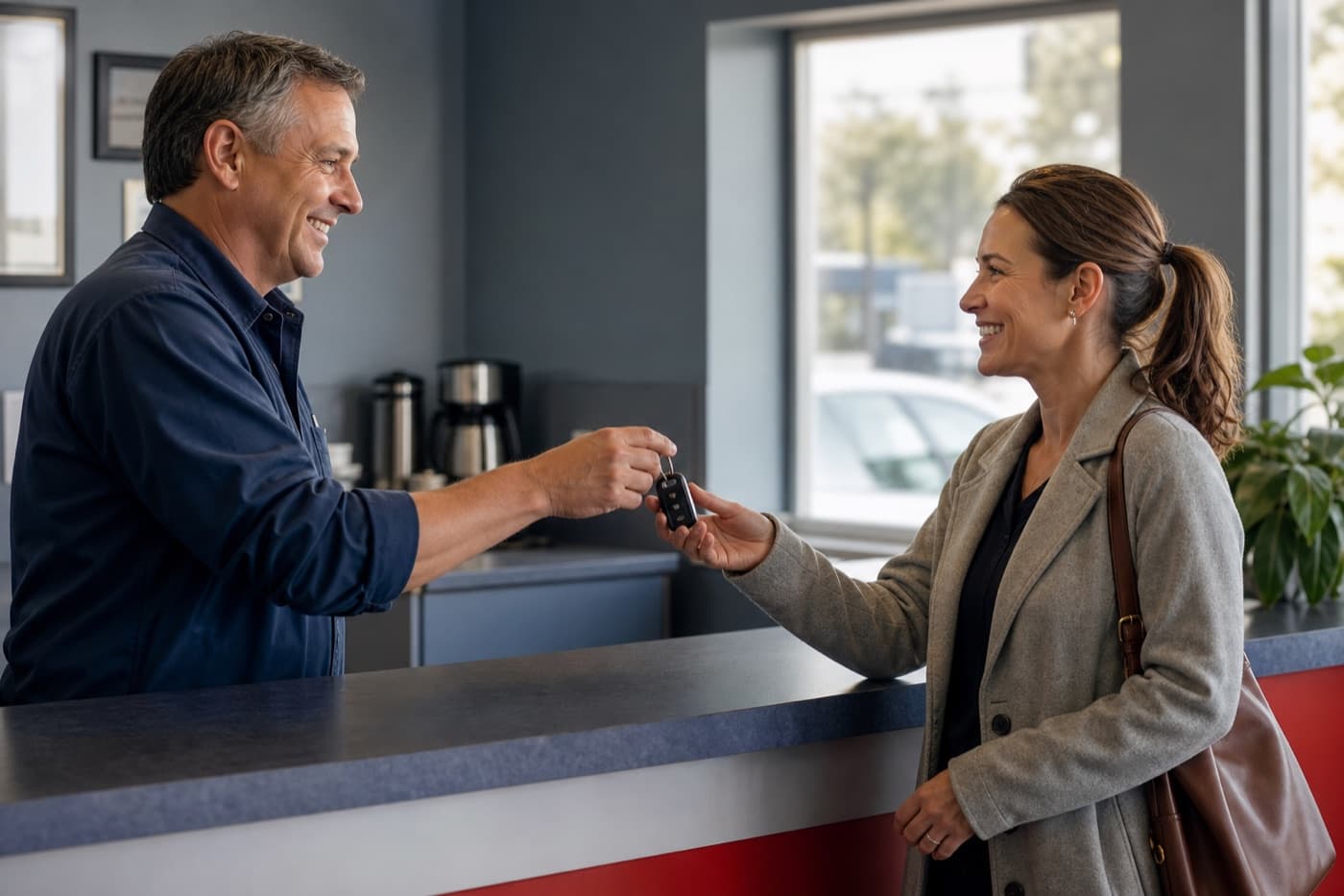 Mechanic handing keys back to a happy customer at the counter
