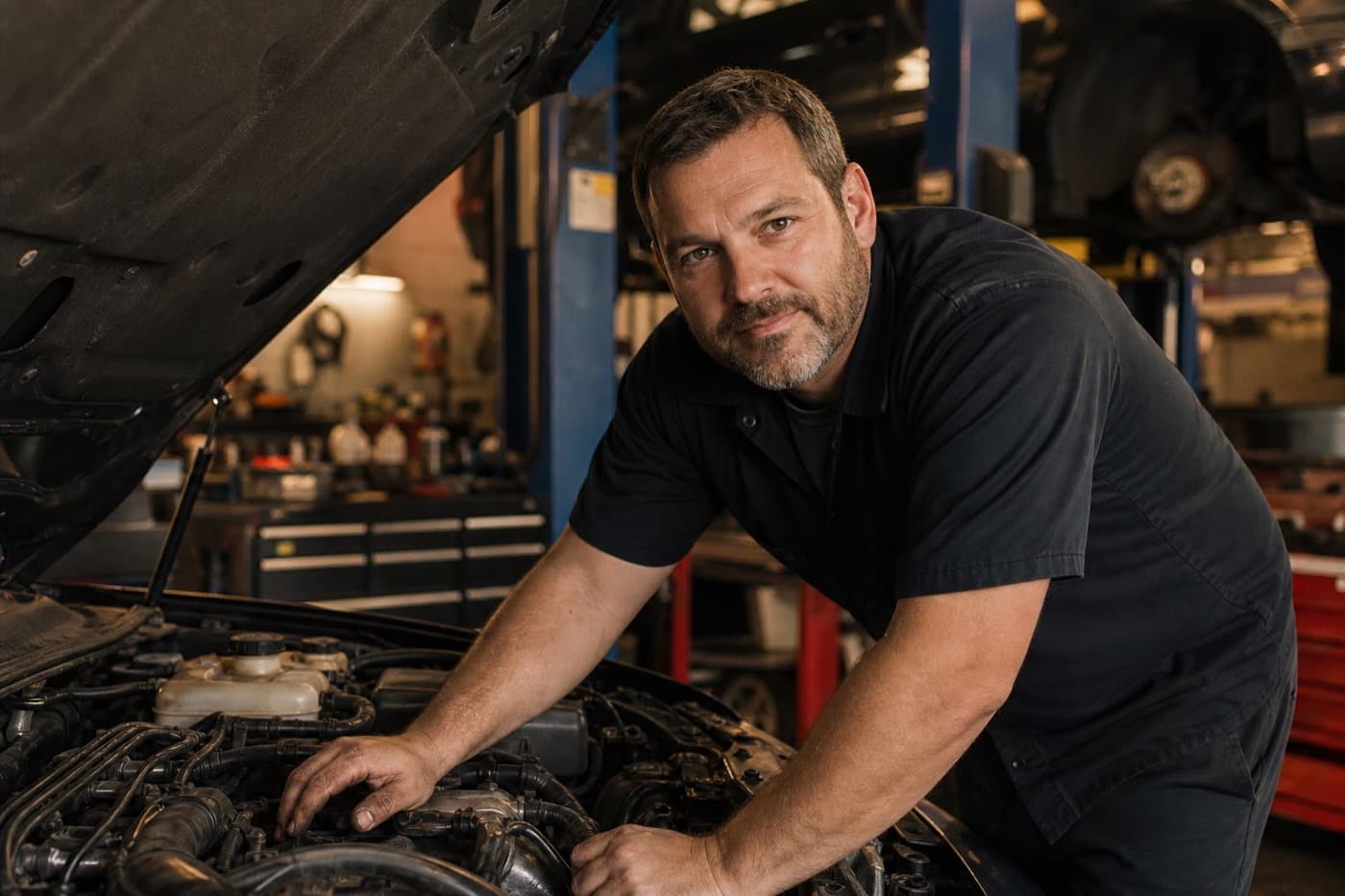 Mechanic working under the hood in a clean independent shop