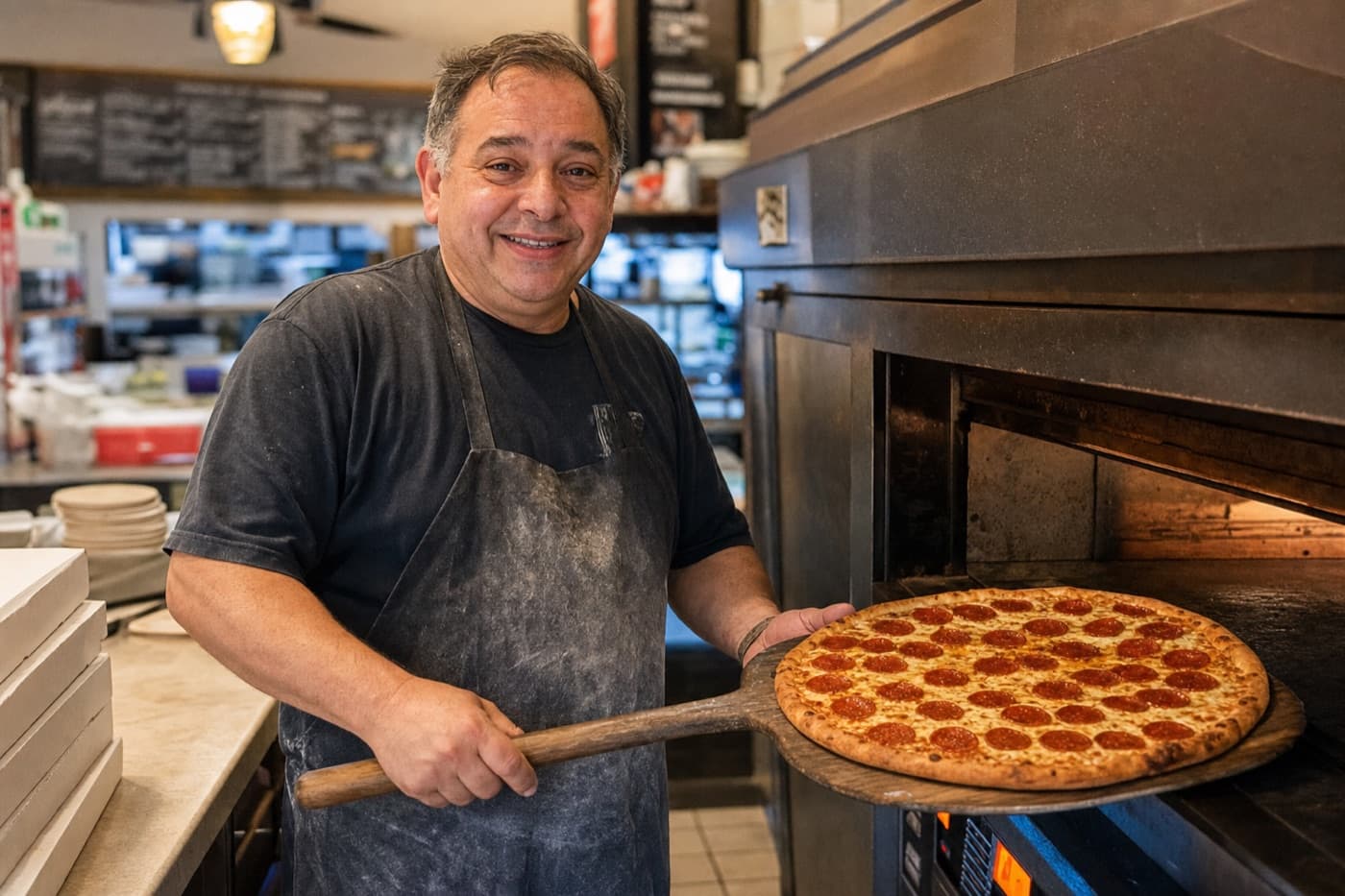 Pizzeria owner pulling a fresh pepperoni pie from the oven