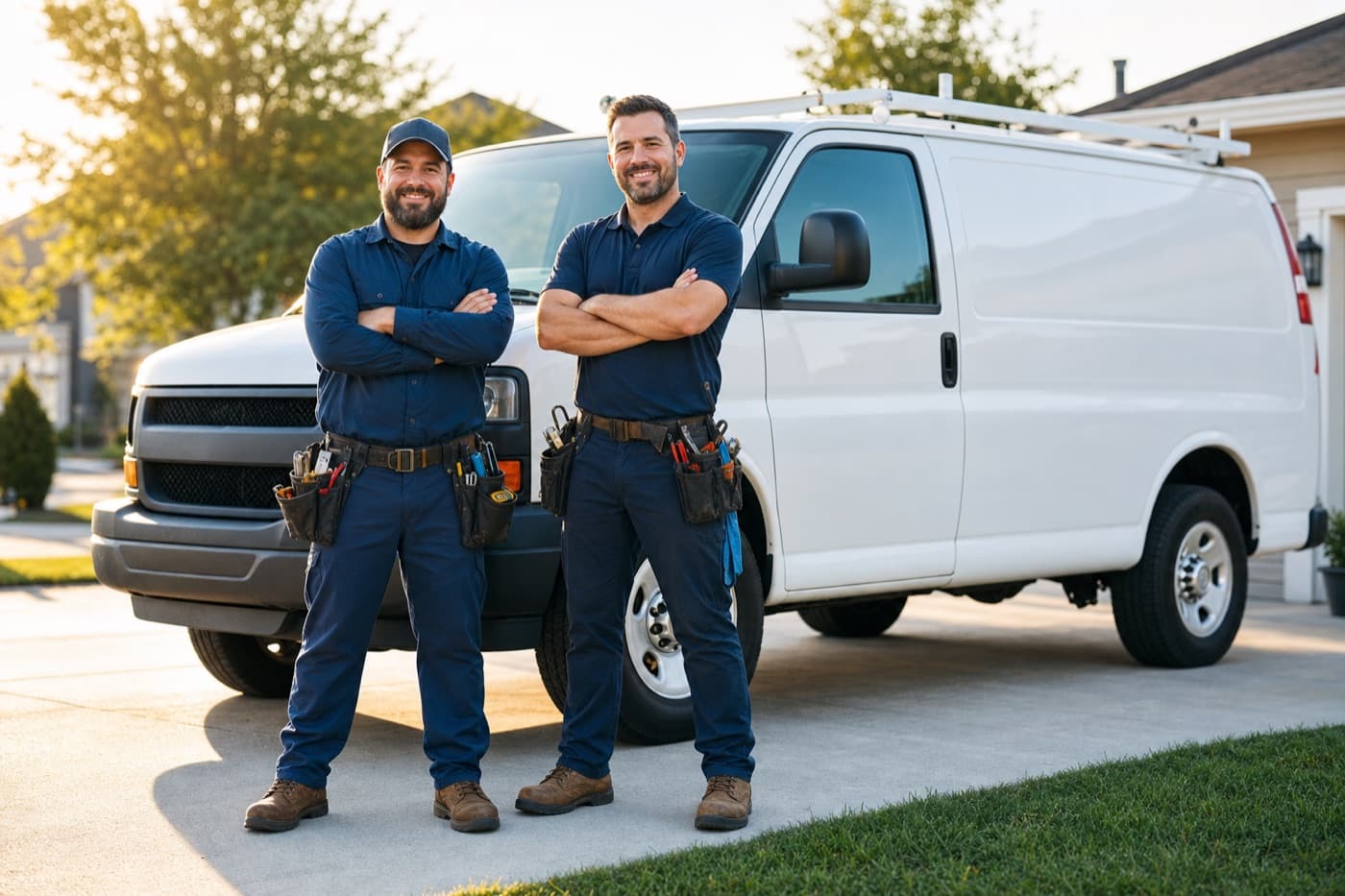 Plumbing crew standing in front of their service van