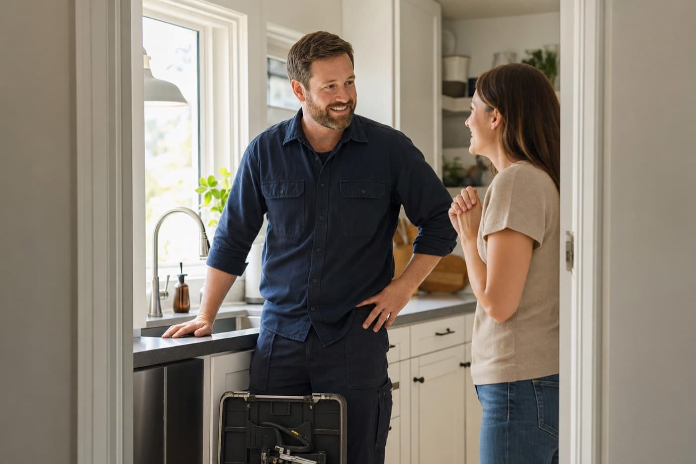 Plumber showing a homeowner the finished repair in her kitchen
