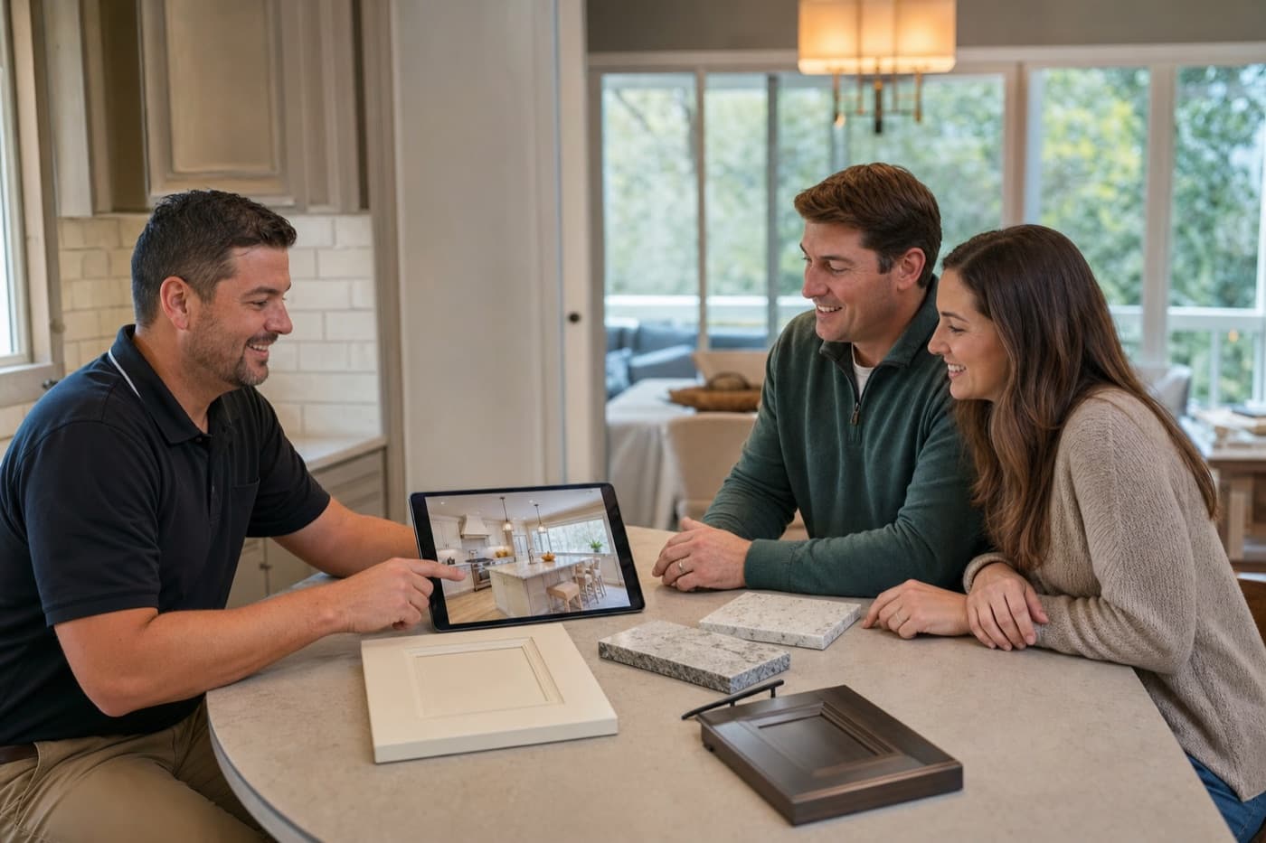 Remodeler reviewing cabinet and countertop samples with homeowners at their kitchen island