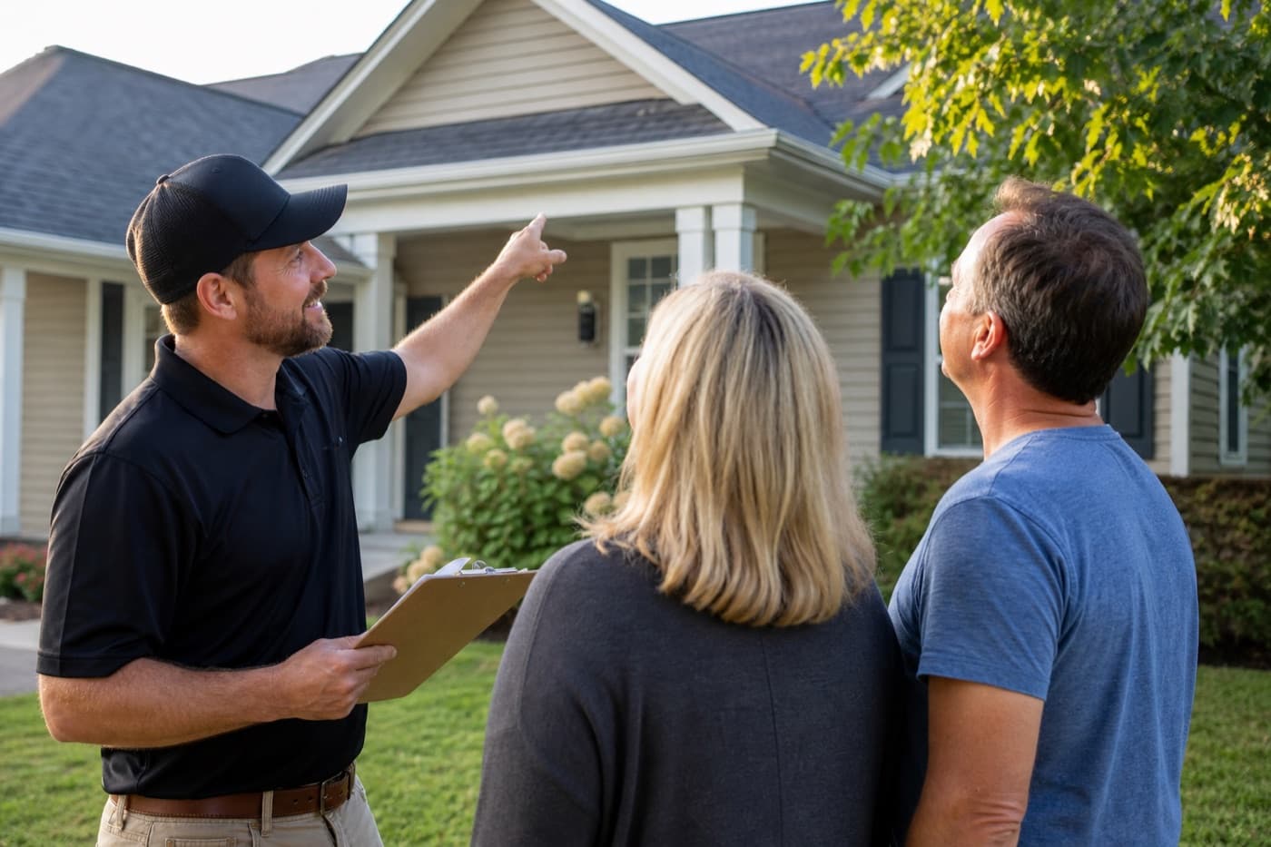 Roofer walking homeowners through their roof estimate in the front yard