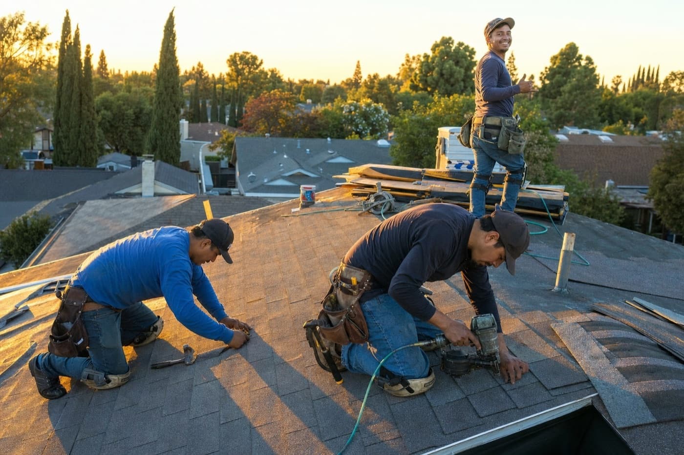 Roofing crew installing architectural shingles at golden hour