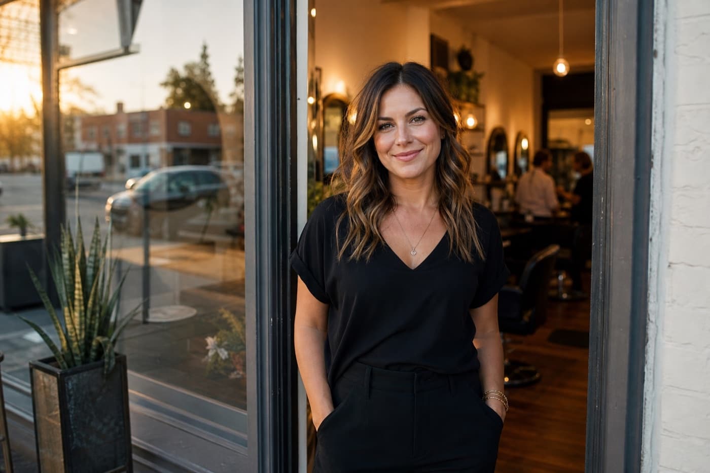 Salon owner standing proudly in her storefront doorway
