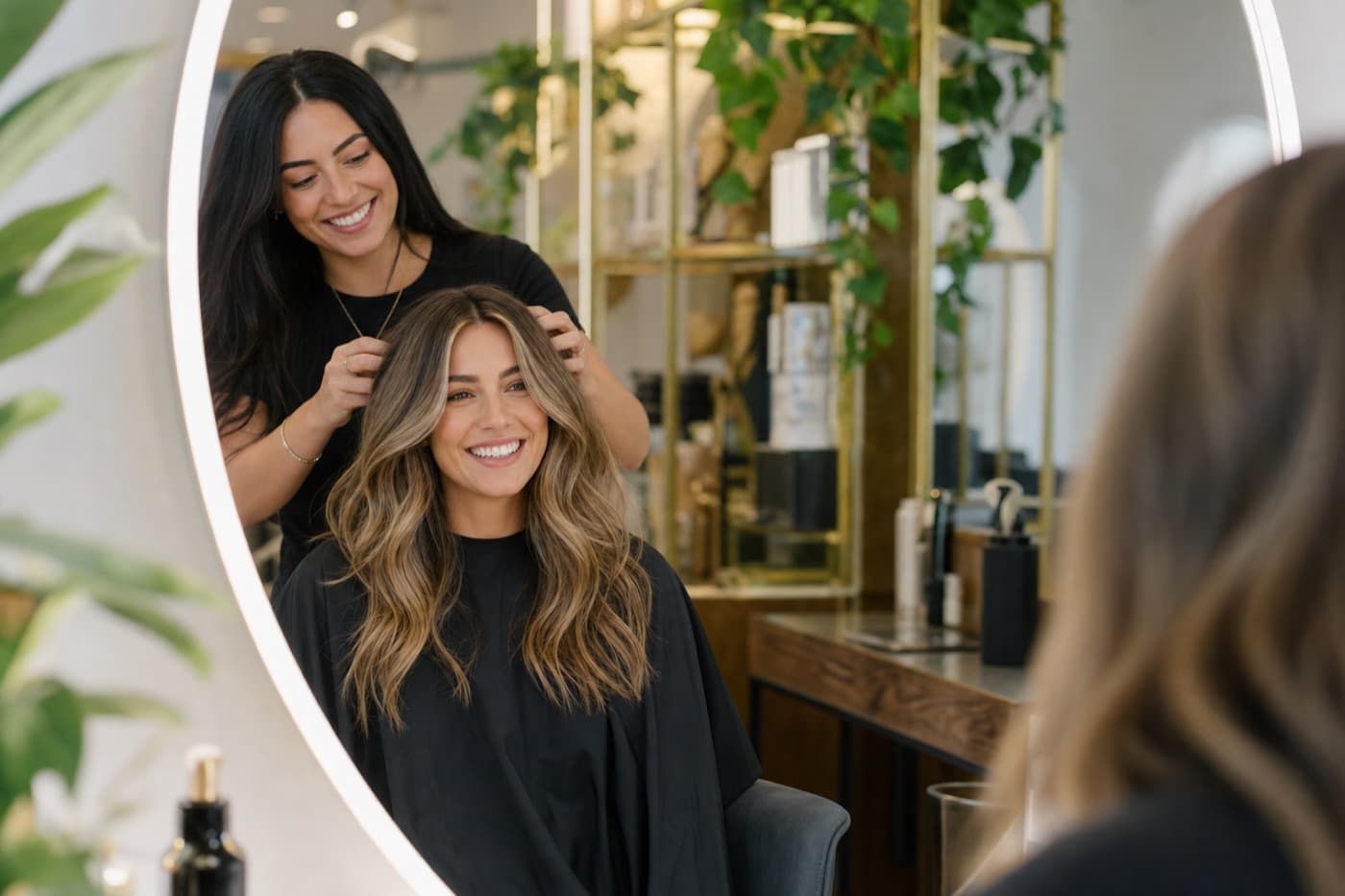 Stylist finishing a fresh balayage blowout as the client beams in the mirror