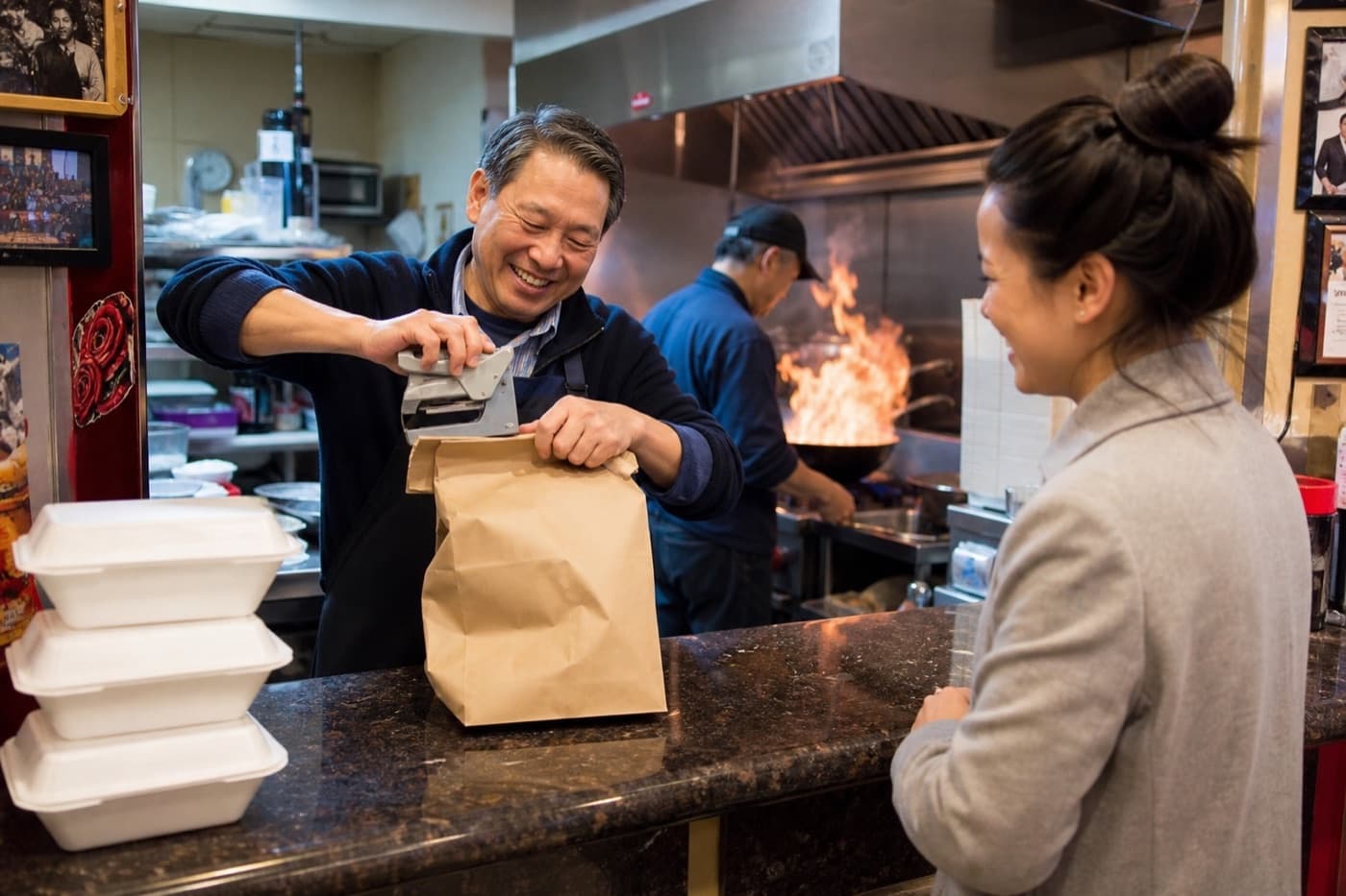Family-run takeout spot stapling up a bag of to-go containers at the counter